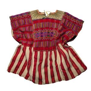 Old Handwoven Huipil Embroirdered Tunic Top